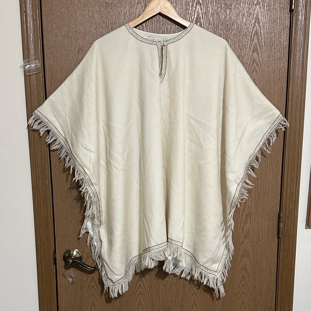 Carolina K 100% Wool Fringe Poncho/Coverup  Top Cream Boho Resort Size Large